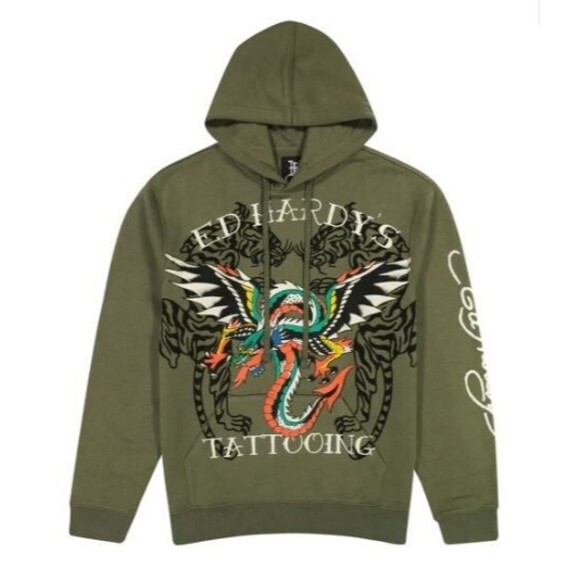 Ed Hardy NWT Mens Hoodie M Dragon Wings Tiger Tattoo Green Pullover Sweater - Picture 1 of 8